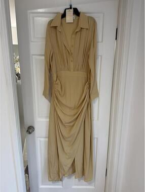 MODESEES Beige Draped Long Sleeve Collared Maxi Dress Size L NWT
